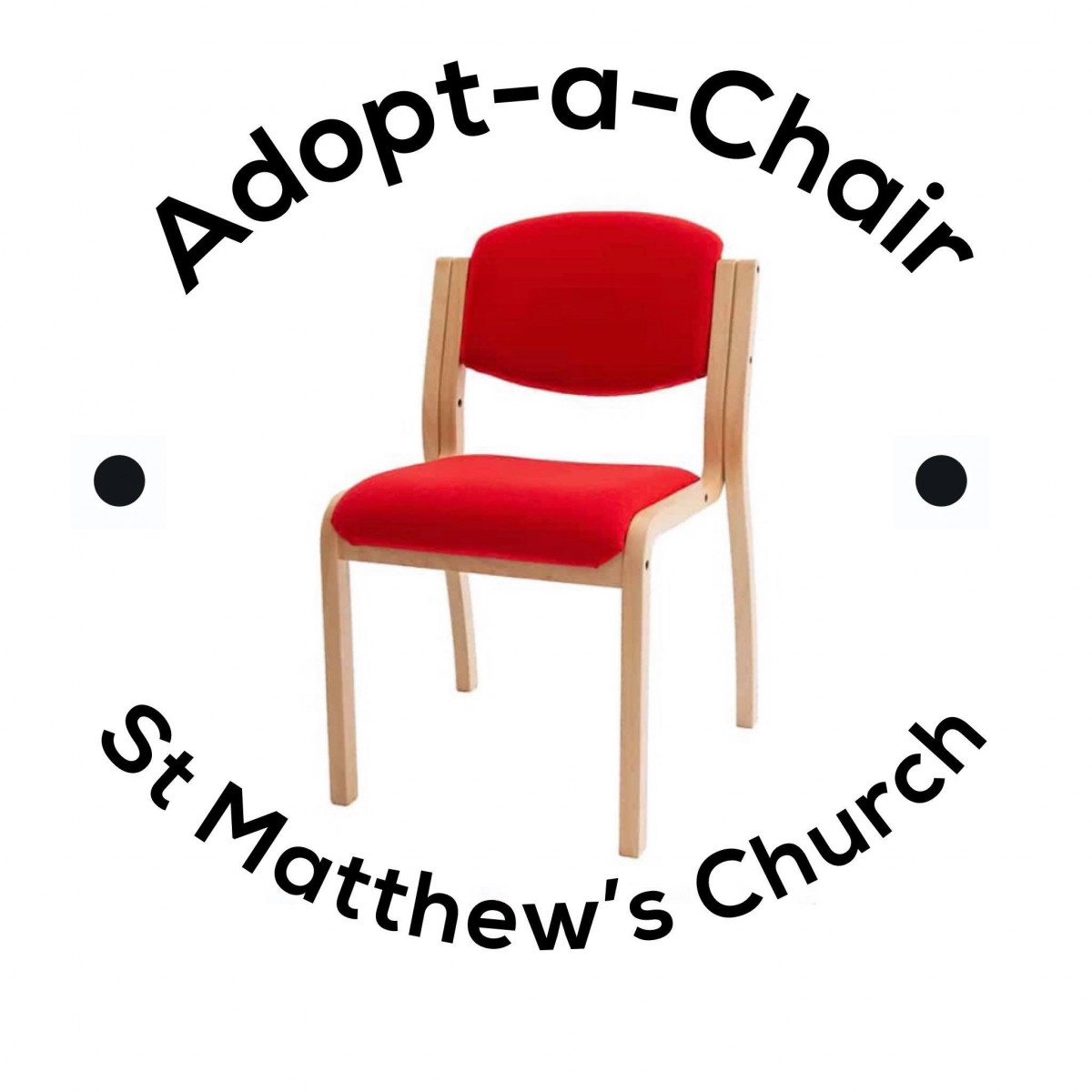 image of adopt a chair logo. a red chair with black writing saying adopt a chair st Matthew's church around it in a circle
