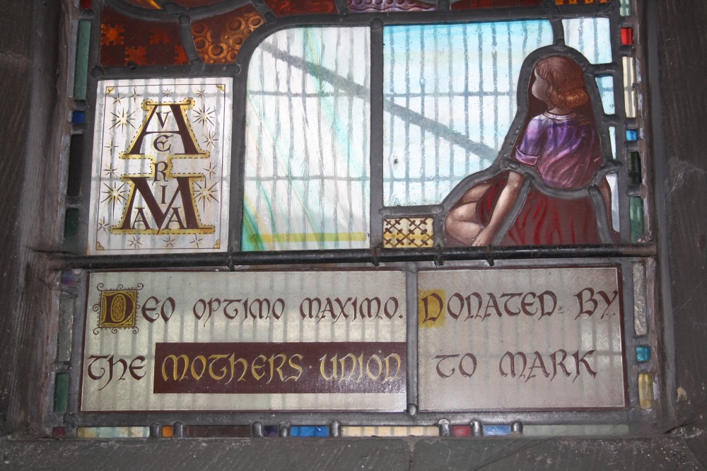 image of stained glass window inscription
